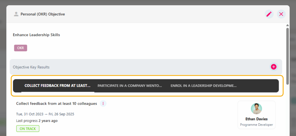 Progress view for an OKR with its key results in coloured banners