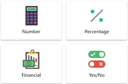 The four SMART objective tiles: number, percentage, financial and yes/no