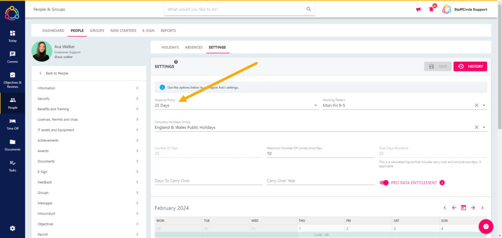 Time Off Settings tab showing the employee's absence policy and working pattern