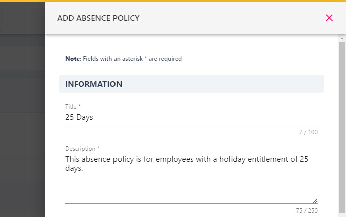 Add Absence Policy form with the title and description fields completed