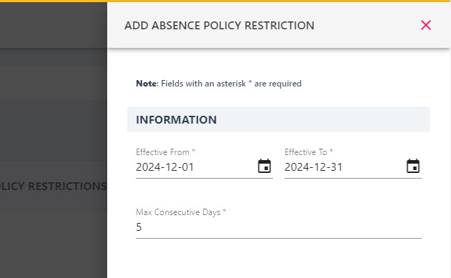 Add Absence Policy Restriction drawer with effective dates and maximum days