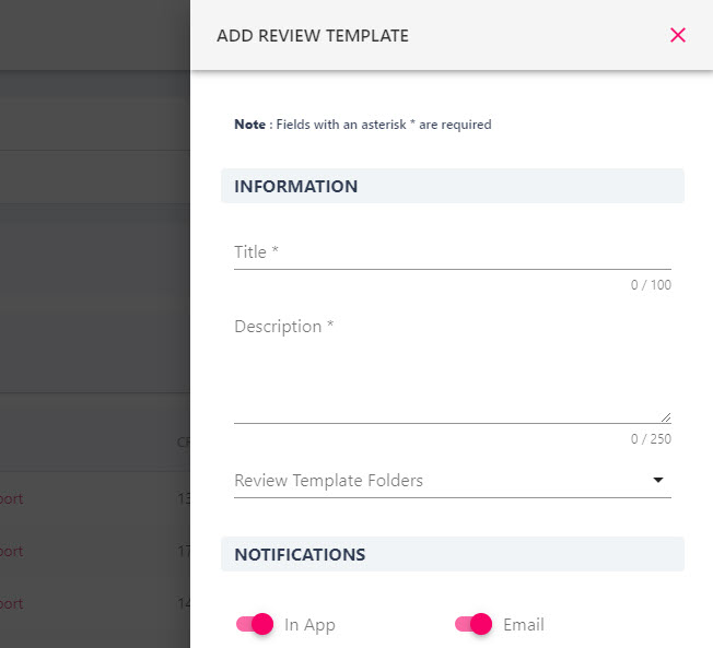 The plus button beside Templates, opening the Add Review Template drawer
