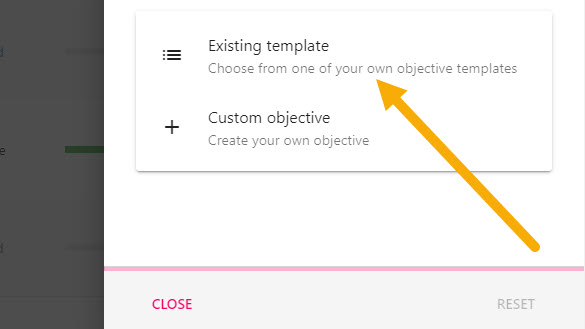The Existing template tile in the lower half of the Add Objective drawer