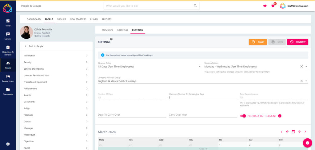 A working pattern setting out the days and hours an employee works