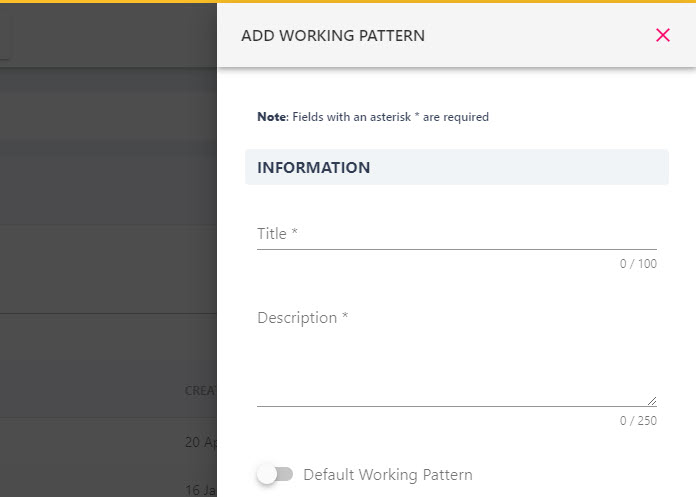 Add Working Pattern drawer with the title, description and default toggle