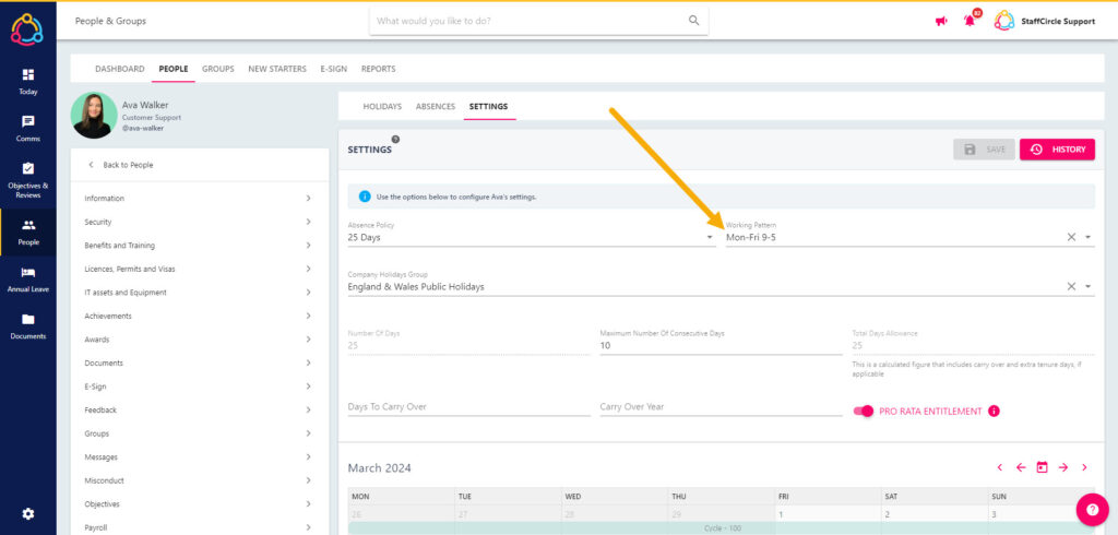 The Working Pattern drop-down on the Time Off Settings tab
