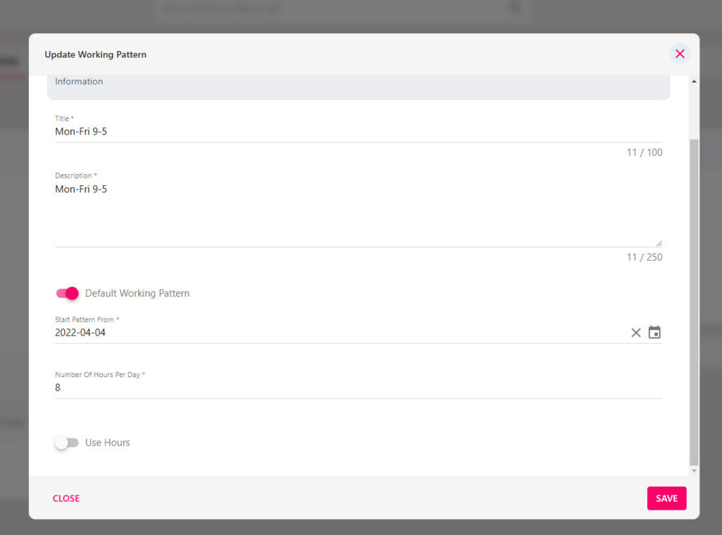 Start date and average working hours fields for the working pattern