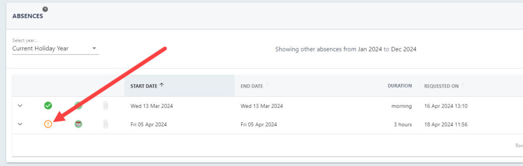 A pending absence request in the absences table, with its status icon