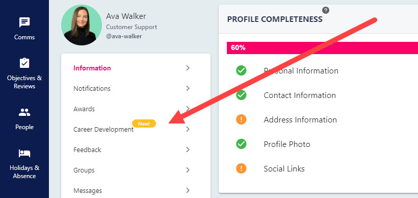 Career Development selected in the left-hand navigation of your profile