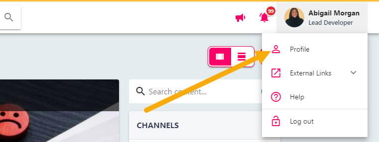 The Profile option in the drop-down beneath your name in the top right
