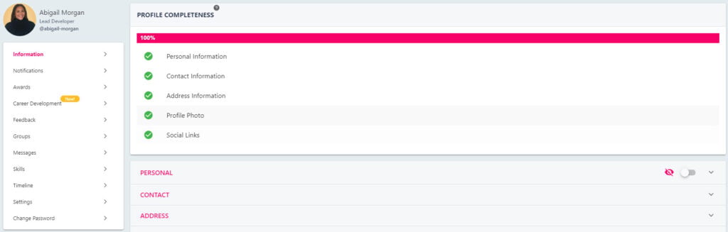A personal profile showing the information an employee can update